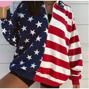 Show Me Your Mumu Benny Half Zip Sweatshirt Large Patriotic USA Flag Oversize